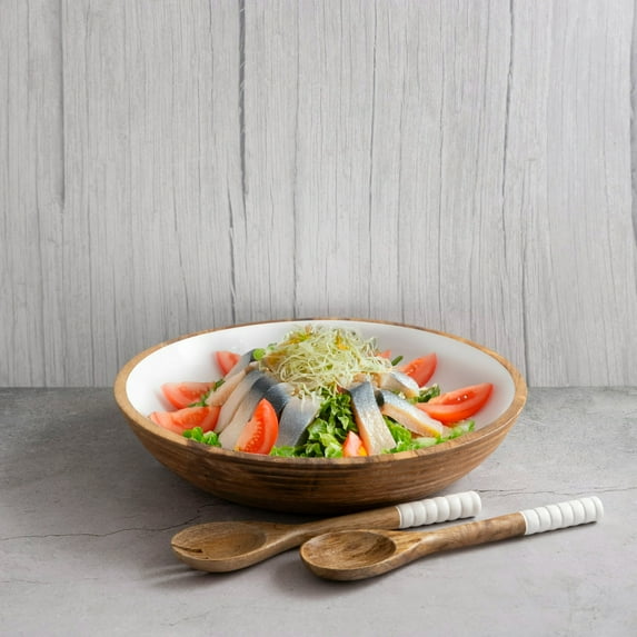 BIDK Home Large Ridged Round Mango Wood Bowl - 15" - Brown and White