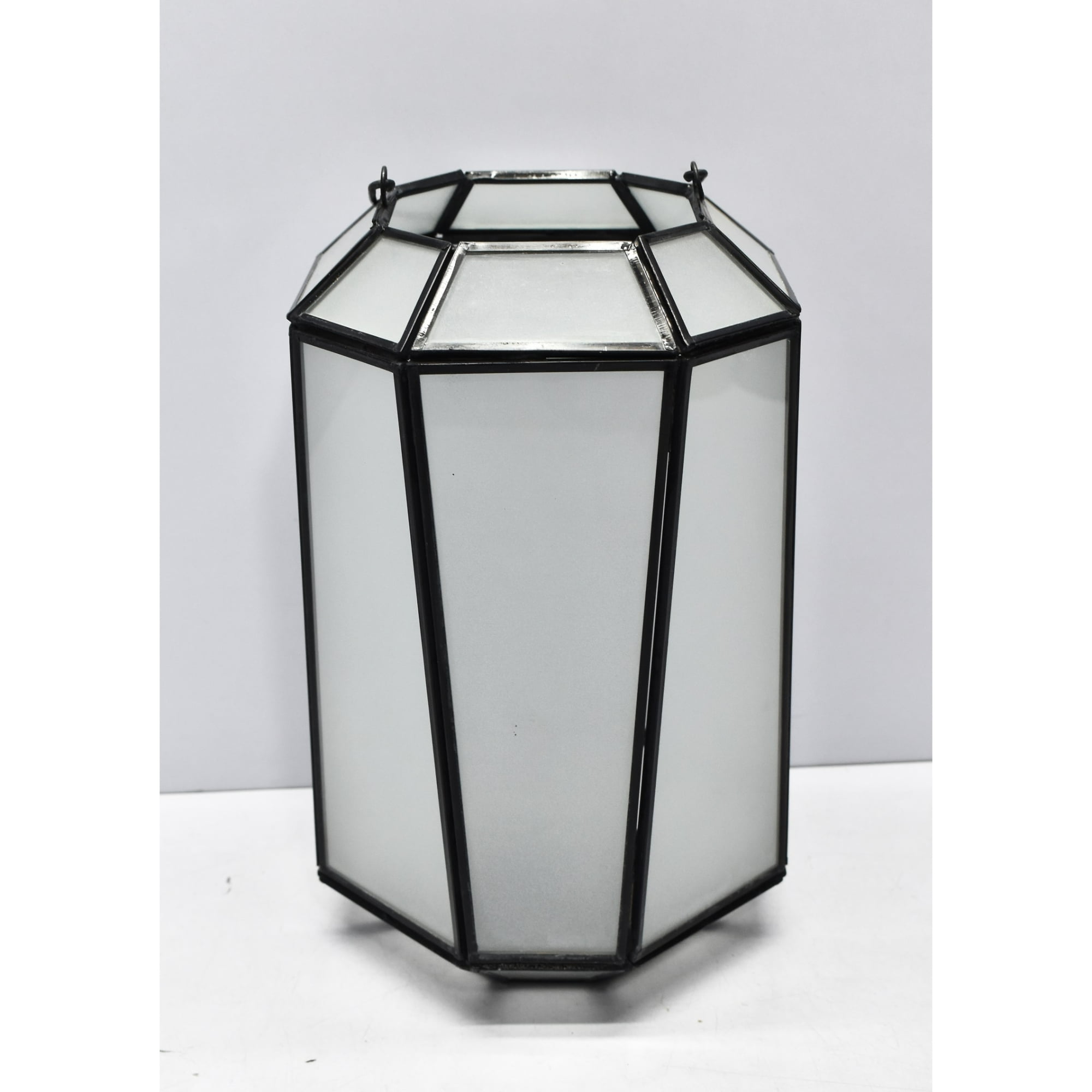 Black and White Glass Iron Hanging Candle Lantern, 10.75"