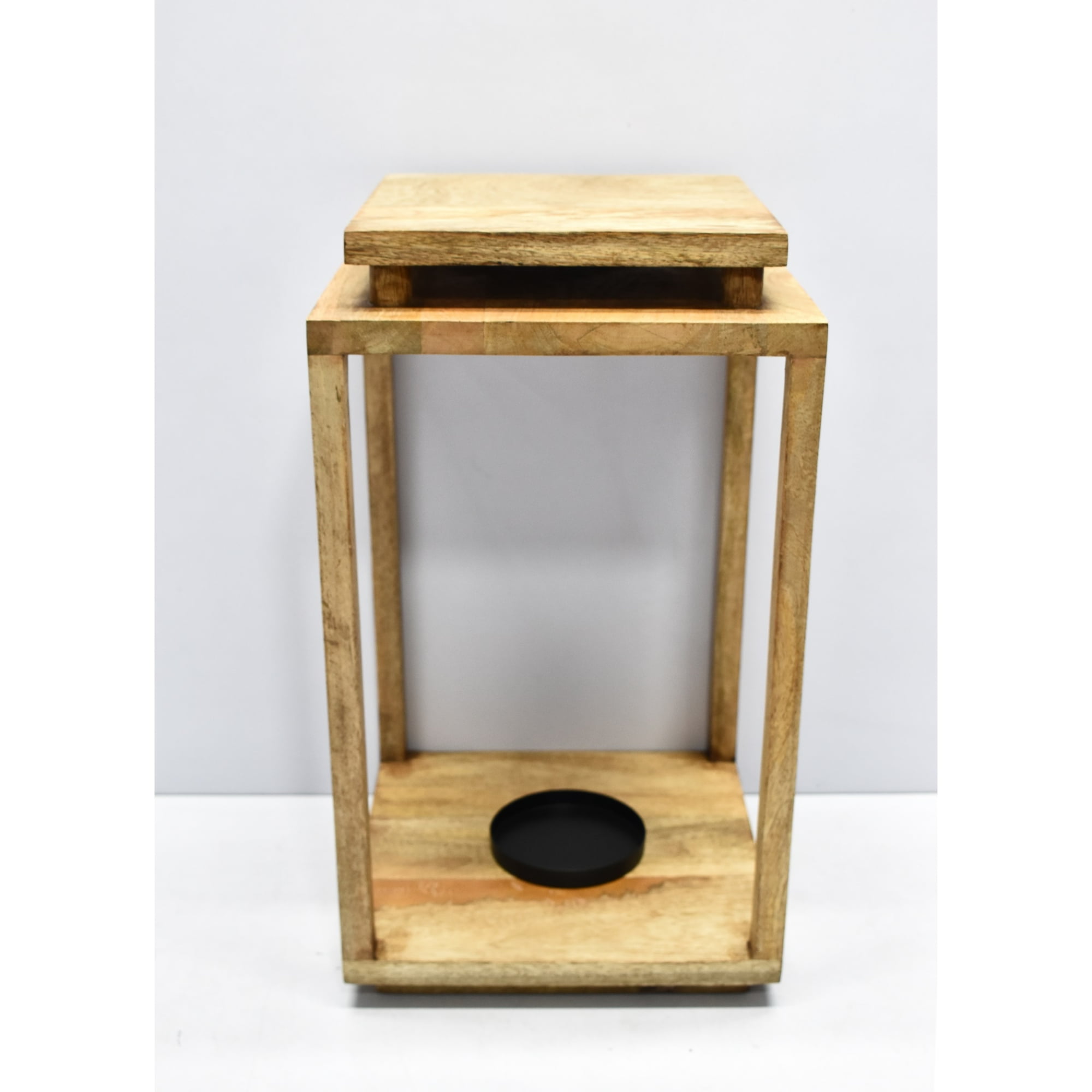 Natural Wood Hanging Candle Lantern with Glass Accents - 16"