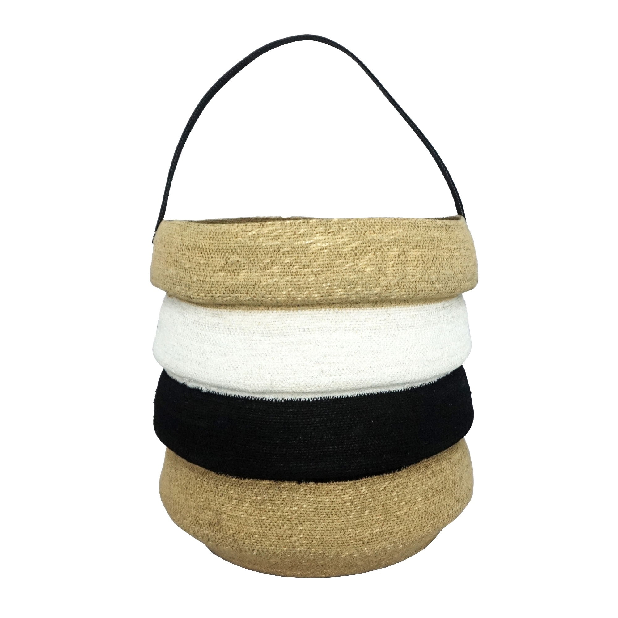 Beige, Black, and White Seagrass Storage Basket with Leather Handle