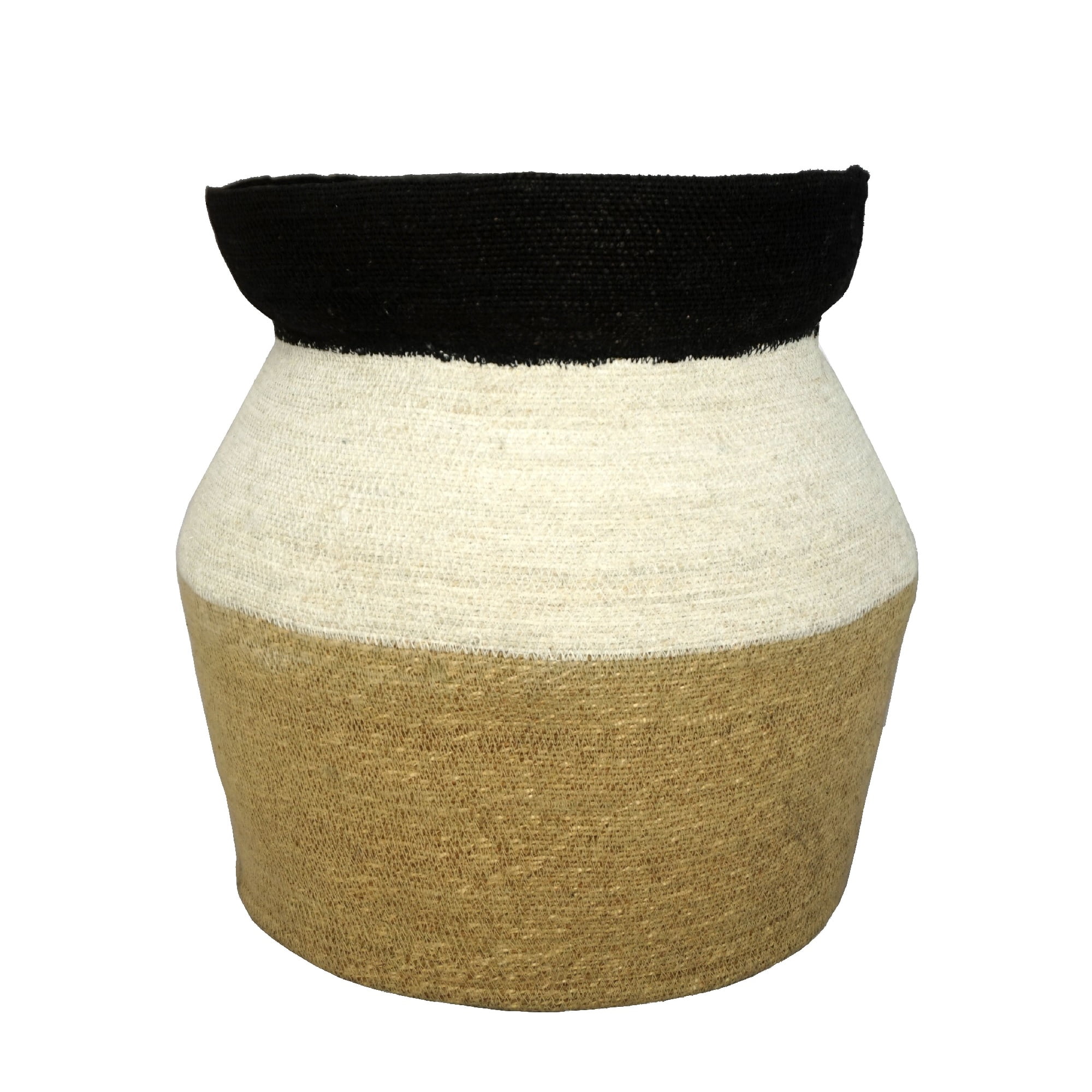 19.5 Inch Beige and Black Seagrass Storage Basket