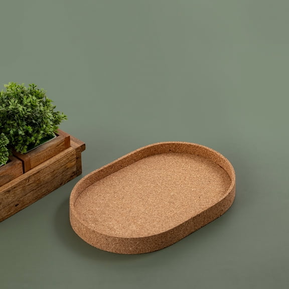 BIDK Home Small Oval Cork Decorative Tray - 12" - Beige