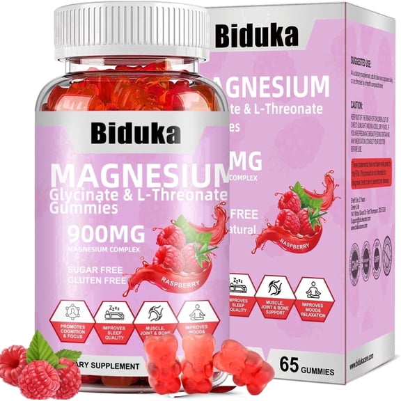 BIDUKA Magnesium Glycinate Gummies for Relaxation, 900mg Sugar Free Magnesium Complex with L-Threonate, Potassium, Vitamin D, B6 & CoQ10, 65 Count
