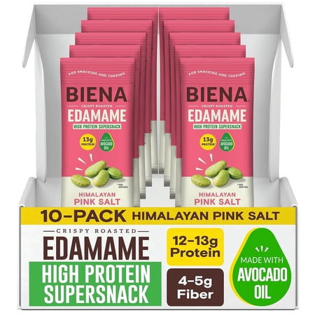 Biena Crispy Roasted Edamame Beans Snack – High Protein Snack for Adults & Kids, 13g Protein, Vegan, Gluten-Free, Himalayan Pink Salt, 10-Pack