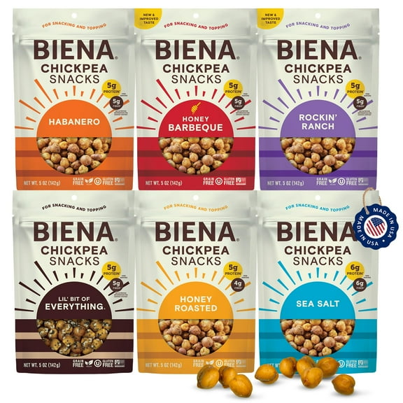 BIENA Chickpea Snacks - Crunchy Roasted Chickpeas - High Fiber Vegan Protein Snack for Adults & Kids - 6-Pack, 5 oz Bags - BBQ, Habanero, Honey Roasted, Lil' Bit of Everything, Sea Salt, Rockin' Ranc