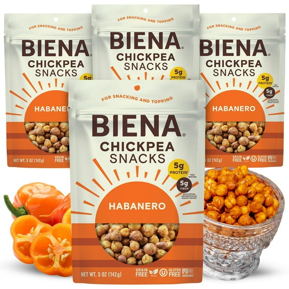 BIENA Chickpea Snacks - ESF27 Crunchy Roasted Chickpeas - High Fiber Vegan Protein Snacks for Adults and Kids - 4-Pack, 5 Ounce - Habanero