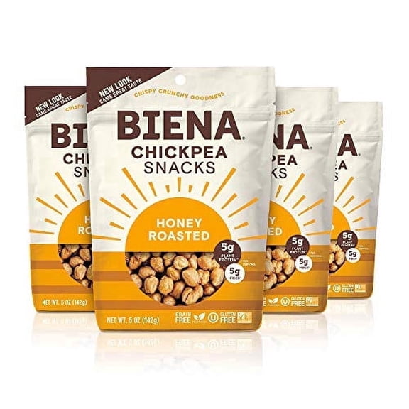 BIENA Chickpea Snacks, Roasted Chickpeas, Honey Roasted, Crunchy Healthy Snacks, High Protein & High Fiber Vegan Snack, Gluten Free Plant Based Snack for Adults & Kids, 4-Pack, 5 Oz Bags