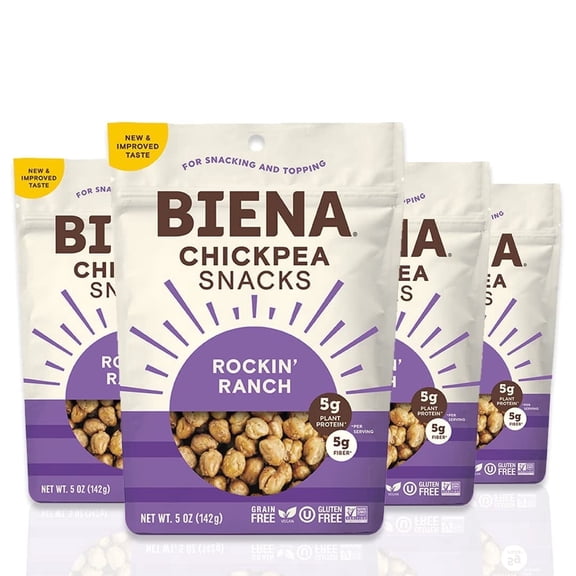 BIENA Chickpea Snacks, Roasted Chickpeas, Ranch, Crunchy Healthy Snacks, High Protein & High Fiber Vegan Snack, Gluten Free Plant Based Snack for Adults & Kids, 4-Pack, 5 Oz Bags