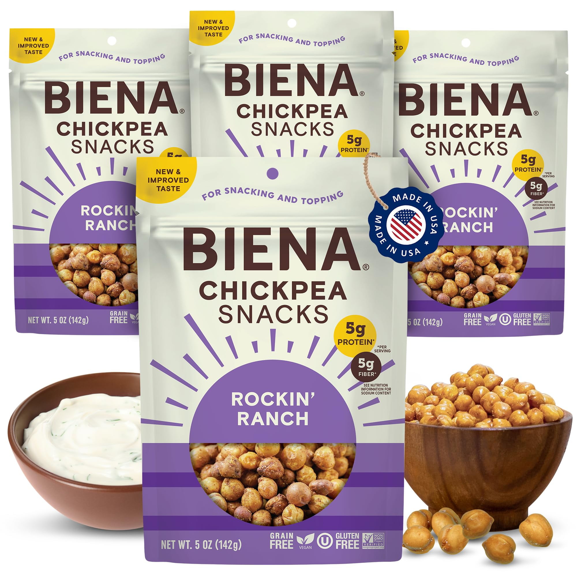 BIENA Chickpea Snacks - BCF26 Crunchy Roasted Chickpeas - High Fiber Vegan Protein Snacks for Adults and Kids - 4-Pack, 5 Ounce Bags - Rockin’ Ranch