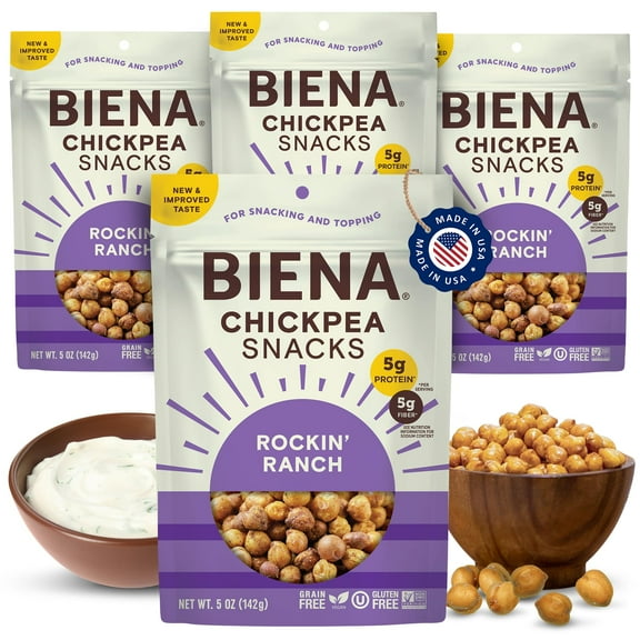BIENA Chickpea Snacks - BCF26 Crunchy Roasted Chickpeas - High Fiber Vegan Protein Snacks for Adults and Kids - 4-Pack, 5 Ounce Bags - Rockin Ranch