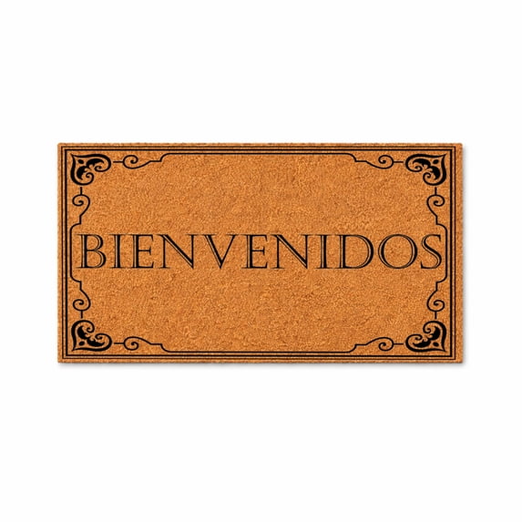 BIENVENIDOS, Decorative Scroll Border Doormat - Brown Coir PVC Outdoor Doormat (24x72 inches)