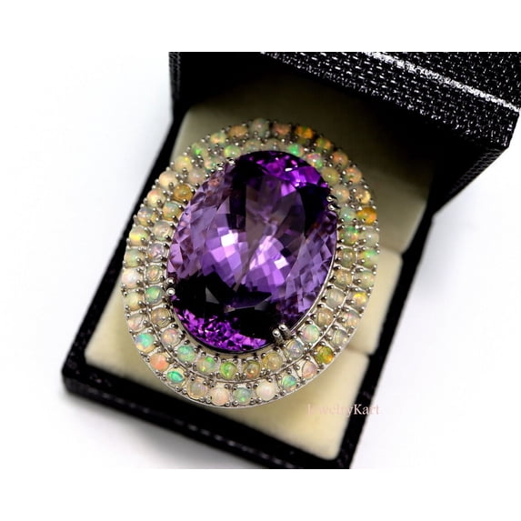 BIG! Amethyst Cocktail Ring, Ethiopian Opal & Amethyst Ring, Double ...
