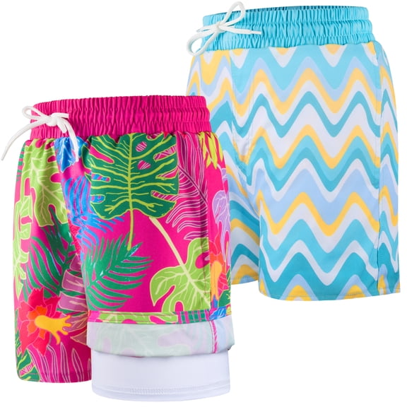 BIG ELEPHANT Boys Swim Trunks with Compression Liner, Quick Dry Swimming Shorts, 2-Pack (6-13Y)