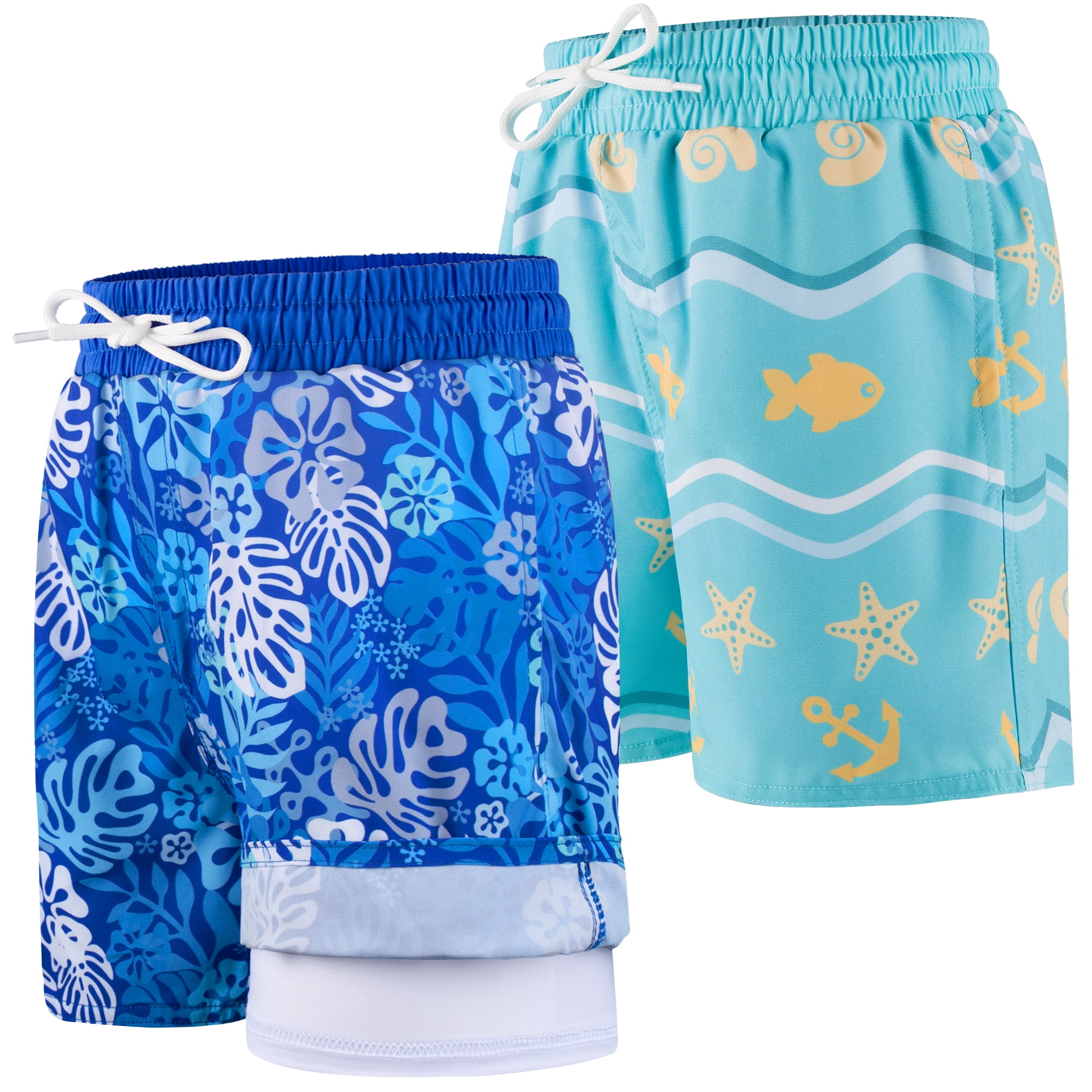 BIG ELEPHANT 2-Pack Boys Swim Trunks with Compression Liner, Quick Dry Swimming Shorts(6-13Y)