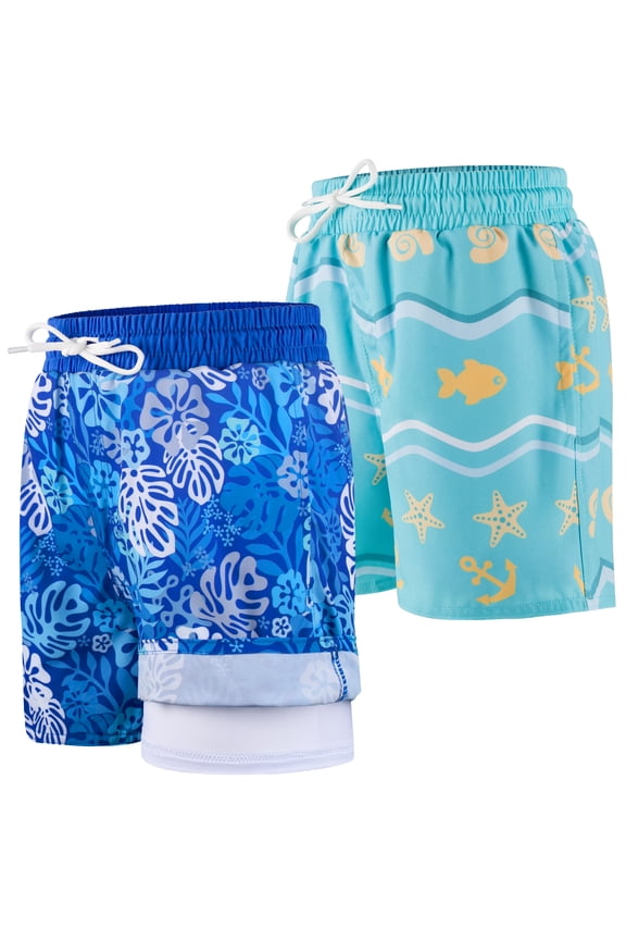 2-Pack Boys Swim Trunks with Compression Liner, Quick Dry Swimming Shorts(6-13Y)