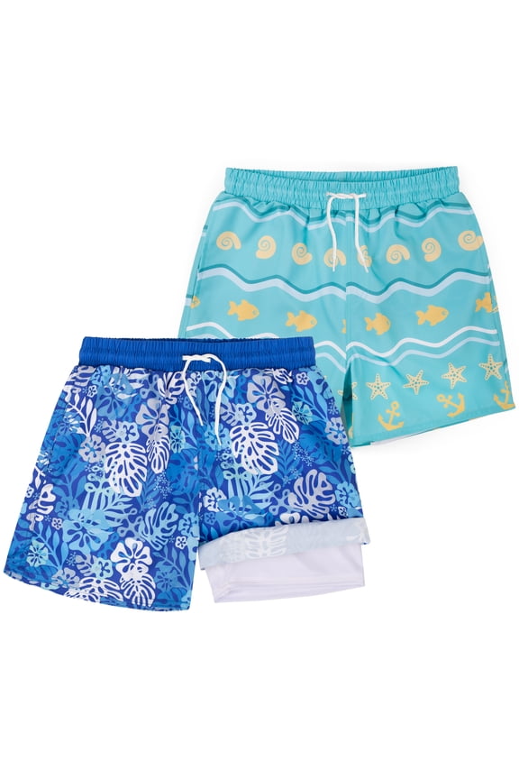 2-Pack Boys Swim Trunks with Compression Liner, Quick Dry Swimming Shorts(6-13Y)