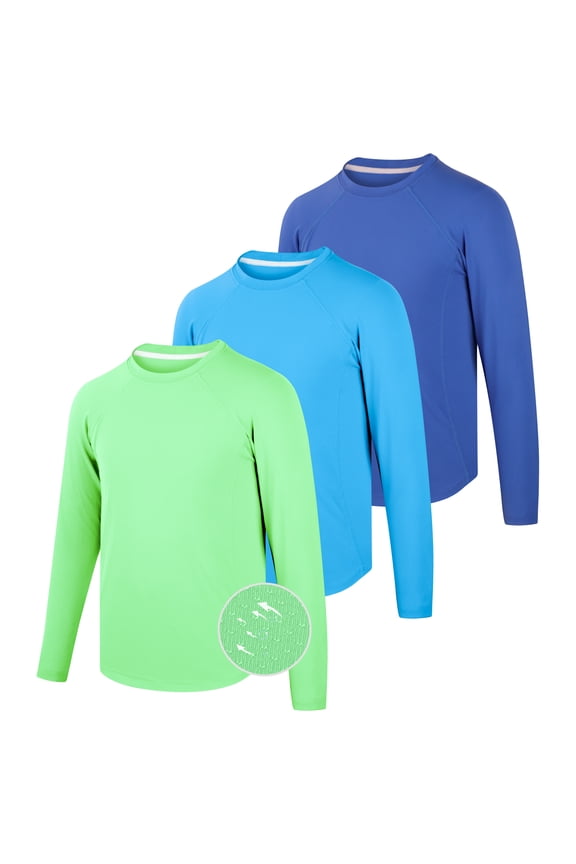 3-Pack Boys' Quick-Dry Long Sleeve Shirts, UPF 50+ Sun Protective Rashguard, Breathable Athletic Crew Neck Tops, Sizes XS-XXL