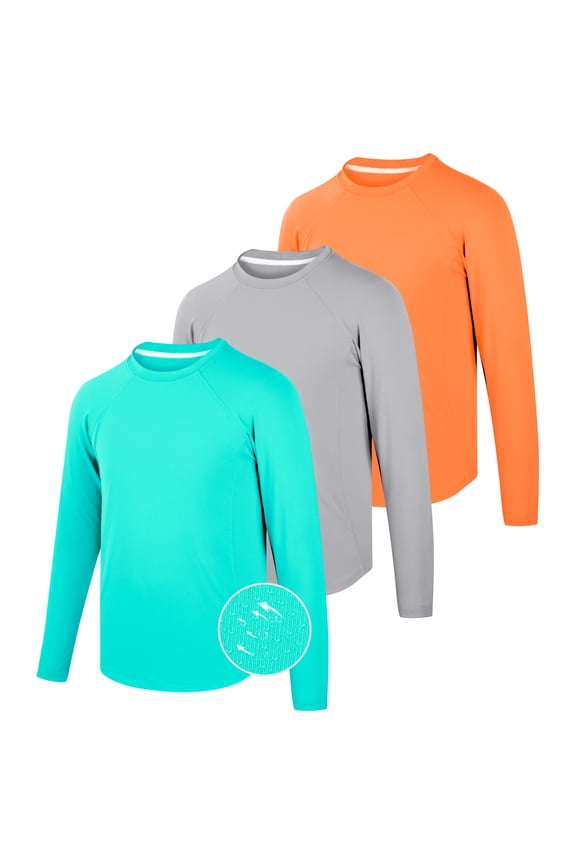 3-Pack Boys' Quick-Dry Long Sleeve Shirts, UPF 50+ Sun Protective Rashguard, Breathable Athletic Crew Neck Tops, Sizes XS-XXL
