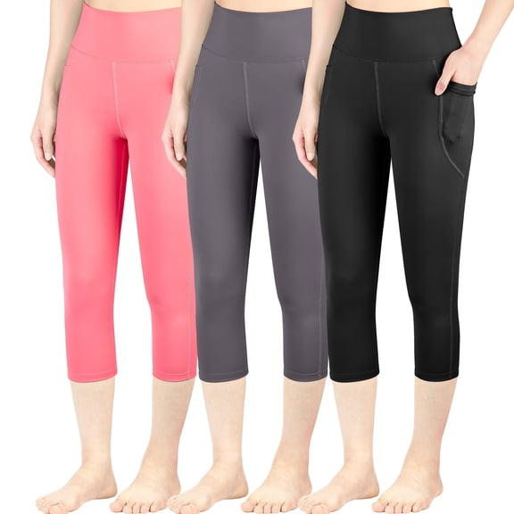 BIG ELEPHANT 3-Pack High Waist Yoga Pants for Girls - Athletic Workout Capri Leggings with Side Pockets, Perfect for Running, Dance, and Fitness, Sizes S-XXL