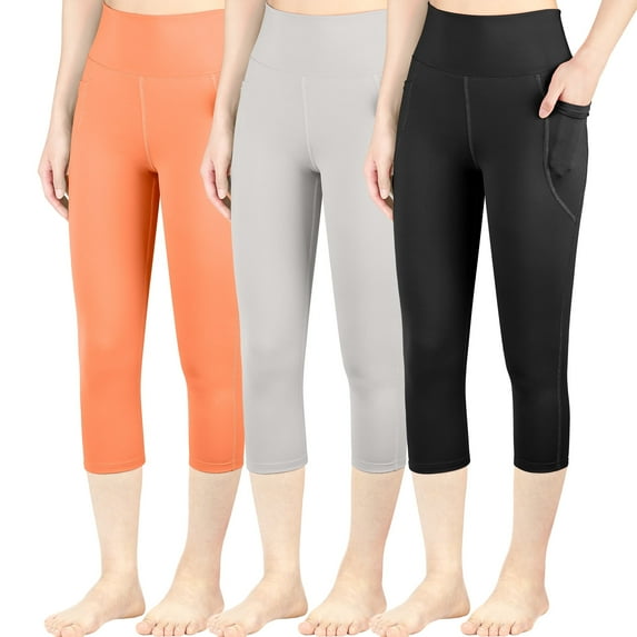 BIG ELEPHANT 3-Pack High Waist Yoga Pants for Girls - Athletic Workout Capri Leggings with Side Pockets, Perfect for Running, Dance, and Fitness, Sizes S-XXL
