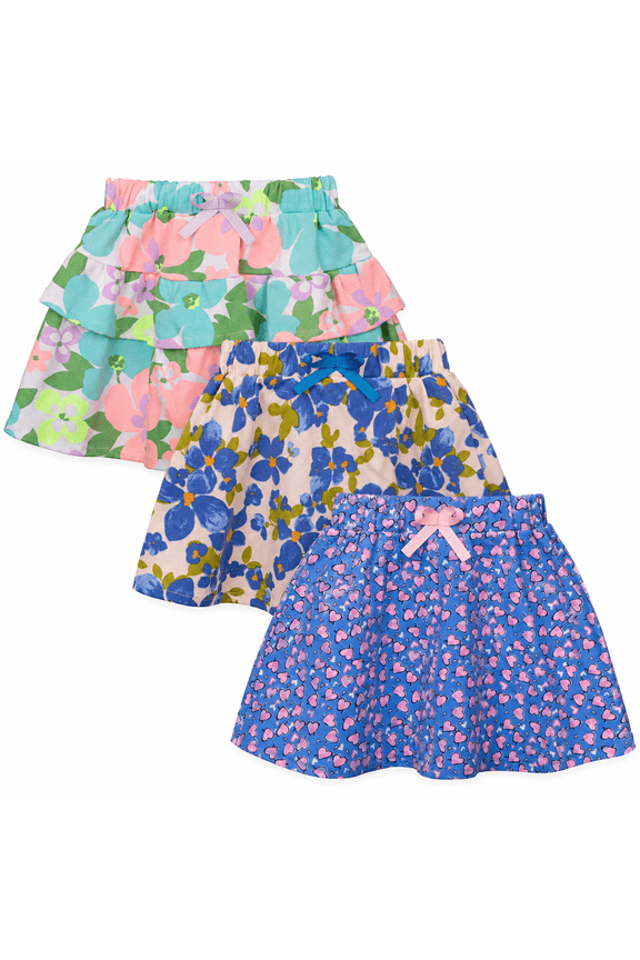 3-Pack Toddler Girls' Pull-On Skirts - A-Line Style with Elephant Print, Ruffle Hem, and Stretch Waist (Sizes S-XL)