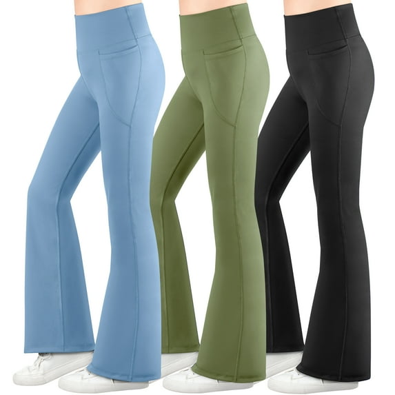 BIG ELEPHANT 3 Packs Girl's Flare Leggings with Side Pockets, High Waisted Bell Bottoms for Dance