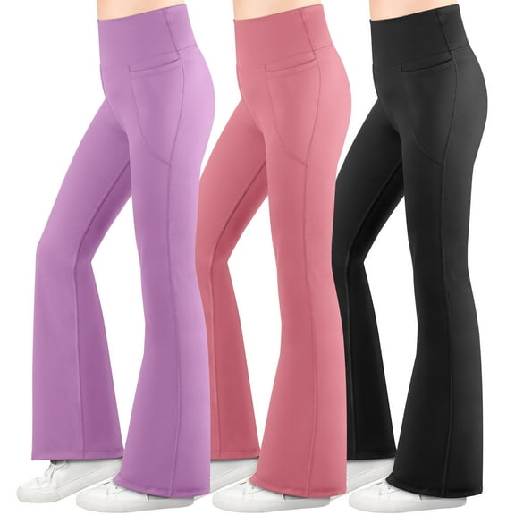 BIG ELEPHANT 3 Packs Girl's Flare Leggings with Side Pockets, High Waisted Bell Bottoms for Dance