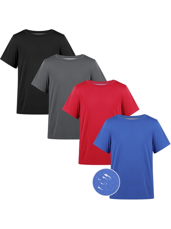 Boys Athletic Short T-Shirts, UPF 50+ Sun Protection Rash Guard Shirts, 4 pack, 6-17Y
