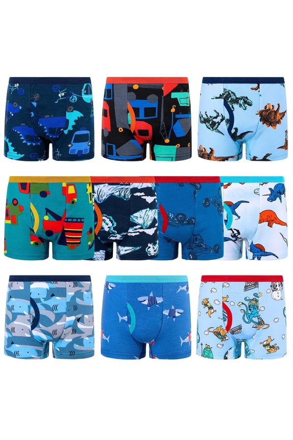 Boys' Boxer Briefs 10-Pack, Toddler 100% Cotton Dinosaur Print Underwear, Soft and Breathable, Sizes 8-9Y