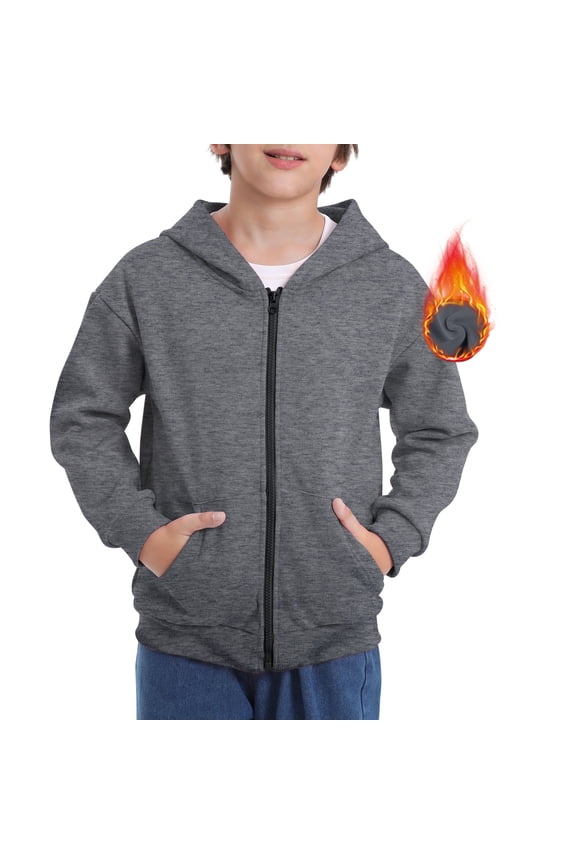 Boys' Zip-Up Hoodie with Pockets, Fleece-Lined Soft Cotton Jacket, 6-15Y