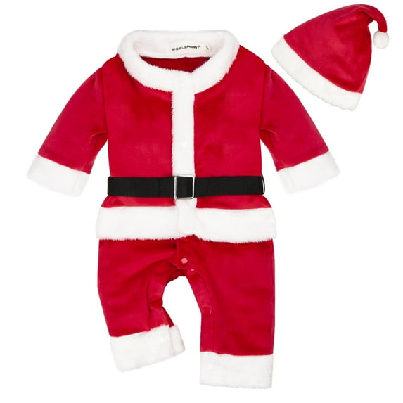 BIG ELEPHANT Unisex Baby 1 Piece Warm Christmas Long Sleeve Romper Pajama with Hat, 6-12 Months