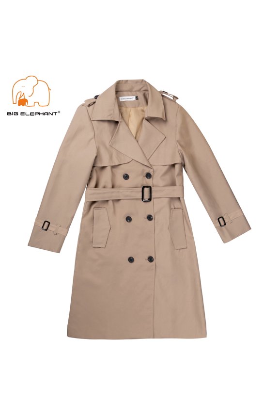 Womens Double-Breasted Long Lapel Trench Coat Belted Tailored Jacket for Work