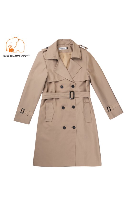 Womens Double-Breasted Long Lapel Trench Coat Belted Tailored Jacket for Work