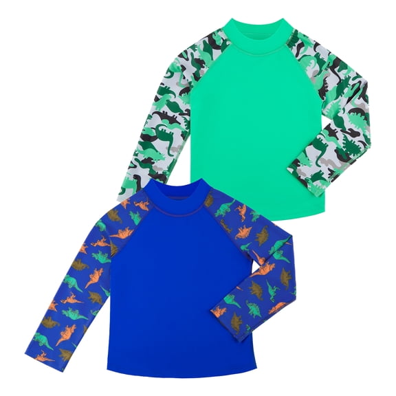 BIG EPHANT 2-Pack Kids‘ Long Sleeve Rash Guard Shirts with Print, UPF 50 Sun Protection Swimwear & Surf Tops for Boys and Girls, Sizes XXS-M