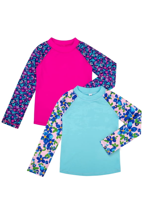 2-Pack Kids‘ Long Sleeve Rash Guard Shirts with Print, UPF 50+ Sun Protection Swimwear & Surf Tops for Boys and Girls, Sizes XXS-M