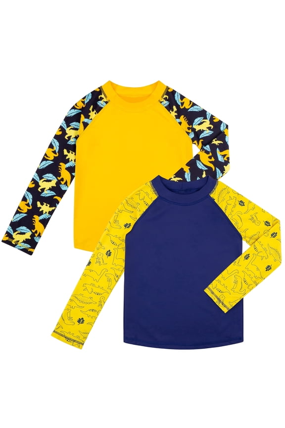 BIG EPHANT 2-Pack Kids‘ Long Sleeve Rash Guard Shirts with Print, UPF 50+ Sun Protection Swimwear & Surf Tops for Boys and Girls, Sizes XXS-M