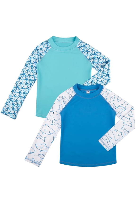 BIG EPHANT 2-Pack Kids‘ Long Sleeve Rash Guard Shirts with Print, UPF 50+ Sun Protection Swimwear & Surf Tops for Boys and Girls, Sizes XXS-M