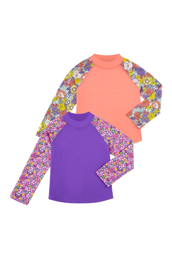 BIG EPHANT 2-Pack Kids‘ Long Sleeve Rash Guard Shirts with Print, UPF 50+ Sun Protection Swimwear & Surf Tops for Boys and Girls, Sizes XXS-M