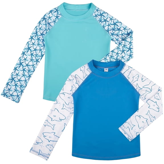 BIG ELEPHANT 2-Pack Kids‘ Long Sleeve Rash Guard Shirts with Print, UPF 50+ Sun Protection Swimwear & Surf Tops for Boys and Girls, Sizes XXS-M
