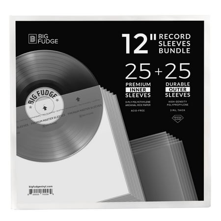 Big Fudge 12-Inch Vinyl Record Sleeves 50 Count Set, 25 Polypropylene Outer Covers and 25 Archival Anti-Static Rice Paper Inner Sleeves, 3 Mil Crystal Clear