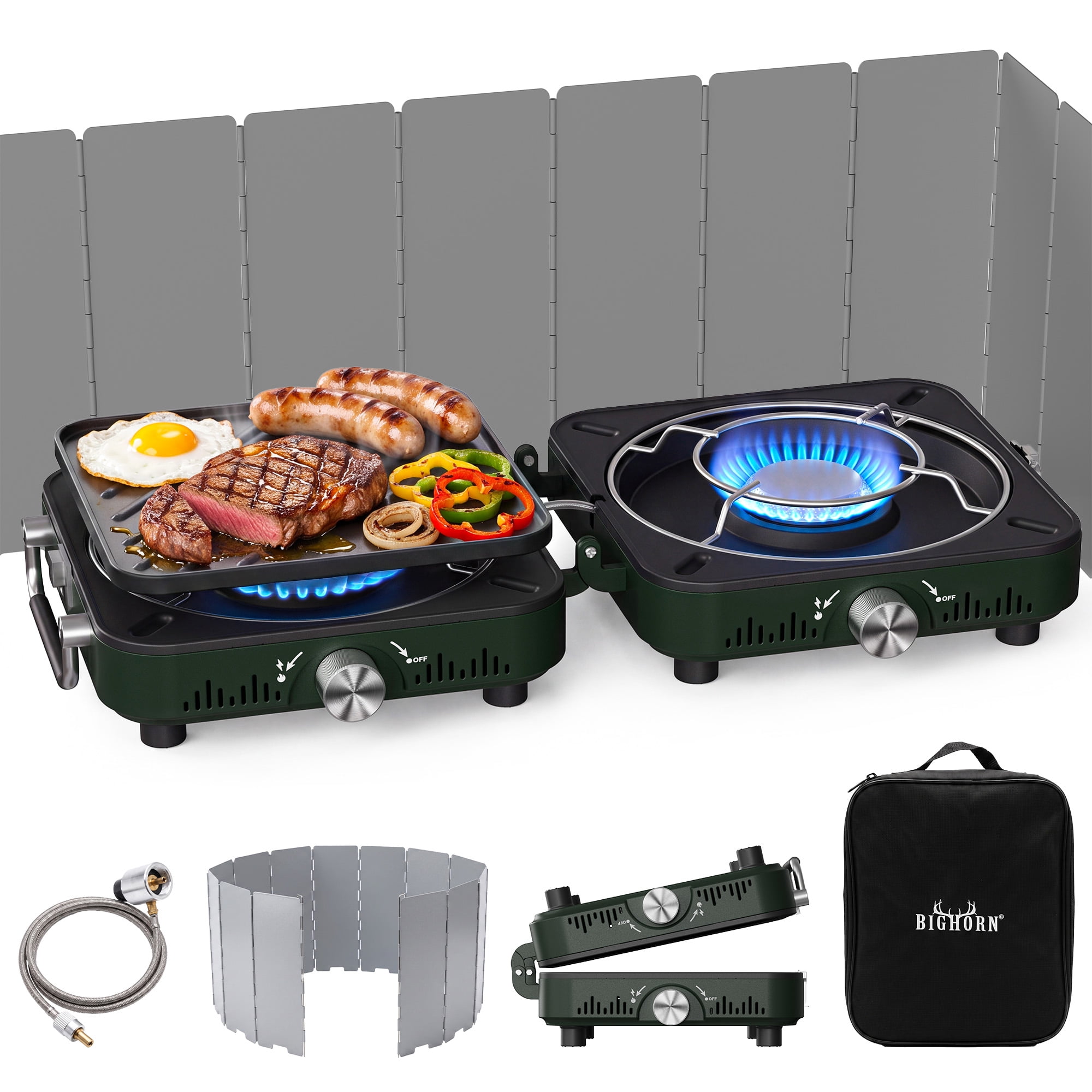 BIG HORN OUTDOORS Portable Propane Camping Stove, 2 Burner Foldable Gas Stove with Frying Pan & Carry Bag