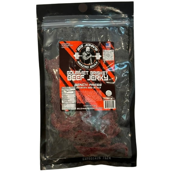 BIG JOHN'S MACRO SNAX Bench Press Whiskey BBQ Brisket Beef Jerky, 3oz | High-Protein, Tender & Smoky, Snack for On-the-Go Fuel & Post-Workout Recovery