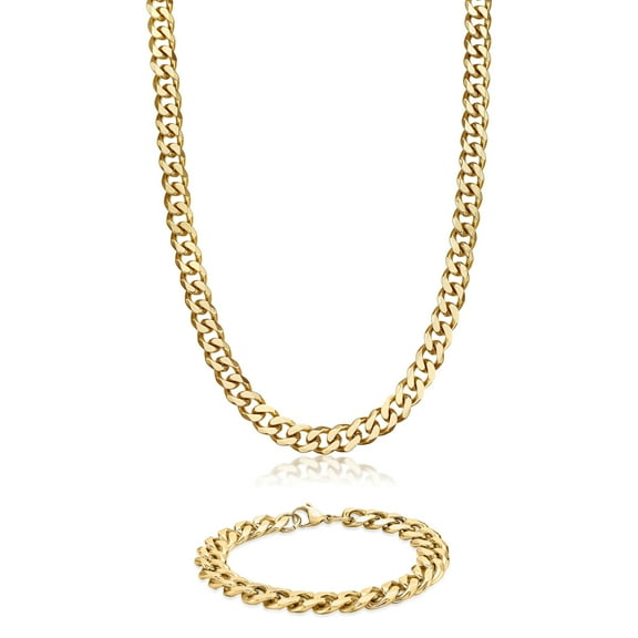 BIG Jewelry Co Gold Ion-plated Stainless Steel 10-mm Curb Chain Jewelry Set Yellow