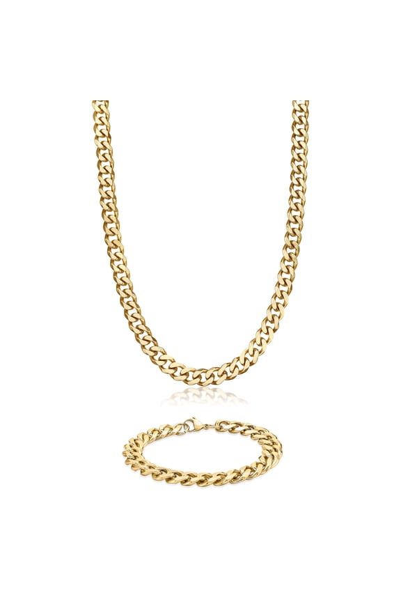 Co Gold Ion-plated Stainless Steel 10-mm Curb Chain Jewelry Set Yellow