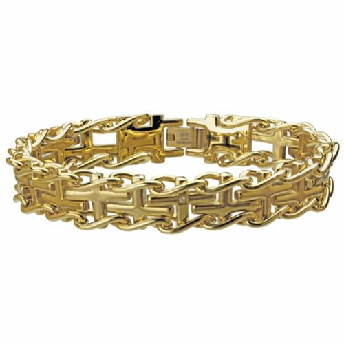 BIG Jewelry Co Gold Ion-plated Steel Men's Diamond Accent Cross Railroad Bracelet