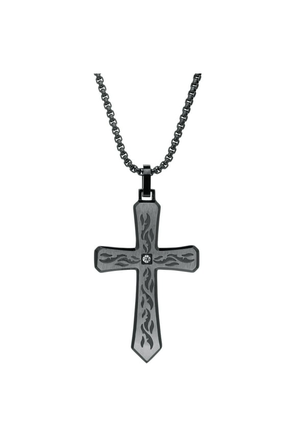 Co Stainless Steel Cubic Zirconia Etched Cross Pendant Necklace