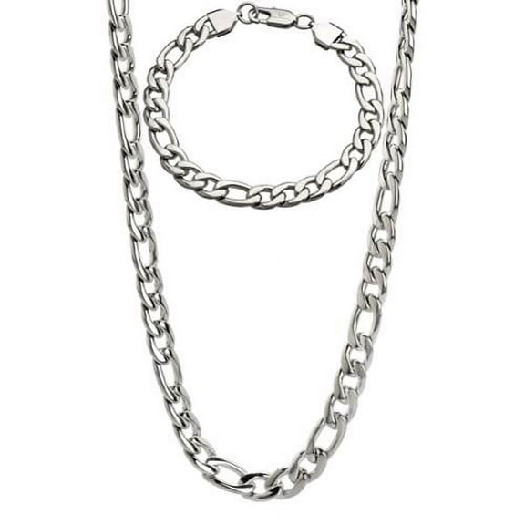 BIG Jewelry Co Stainless Steel Men's 9-mm Figaro Chain Jewelry Set White