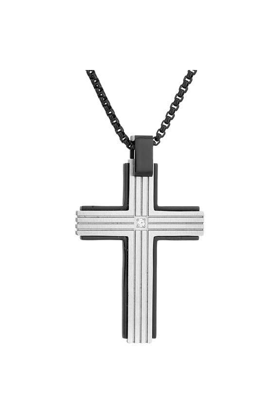 Co Two-Tone Stainless Steel Ribbed Cross Pendant Necklace with Cubic Zirconia