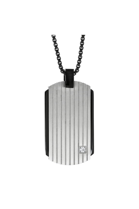 Co Two-tone Stainless Steel Cubic Zirconia Ribbed Men'sTag Necklace