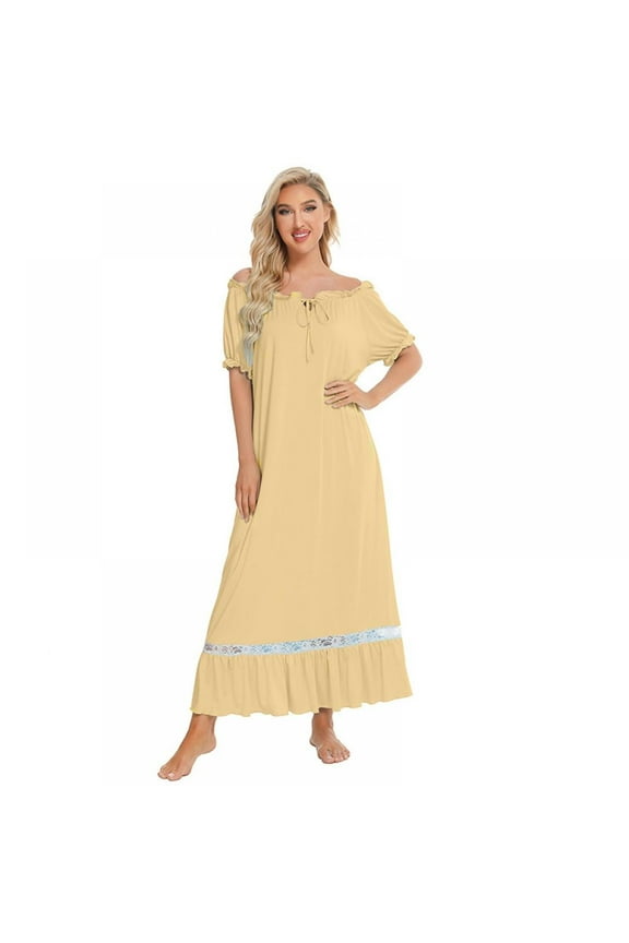 BIG PROMOTION!! Women's Lace Cotton Nightdress Short Sleeve Victorian Nightgown Sleepwear Pajama，Khaki
